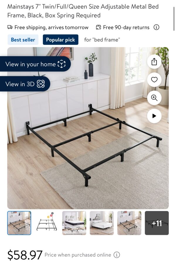 Mainstays 7" Twin/Full/Queen Size Adjustable Metal Bed Frame, Black, Box Spring Required